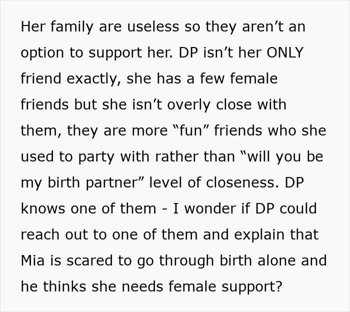 Text discussing a woman feeling hurt as her partner’s first birth support experience is with someone else, not her. Text discussing a woman feeling hurt as her partner’s first birth support experience is with someone else, not her.