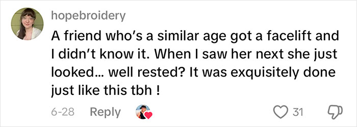 Comment about a woman’s aging progress and how a facelift made her look well rested at 70 years old. Comment about a woman’s aging progress and how a facelift made her look well rested at 70 years old.