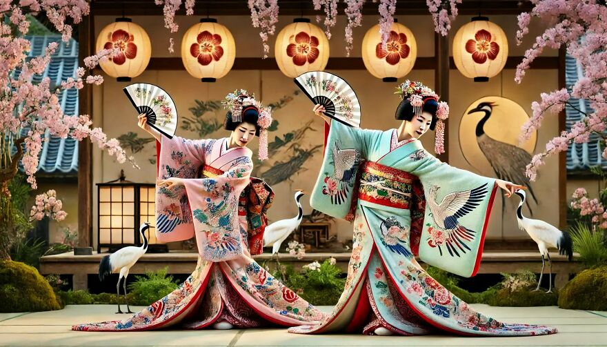 Two women in traditional Asian dresses performing a fan dance with lanterns and cranes in the background challenging Asian stereotypes.