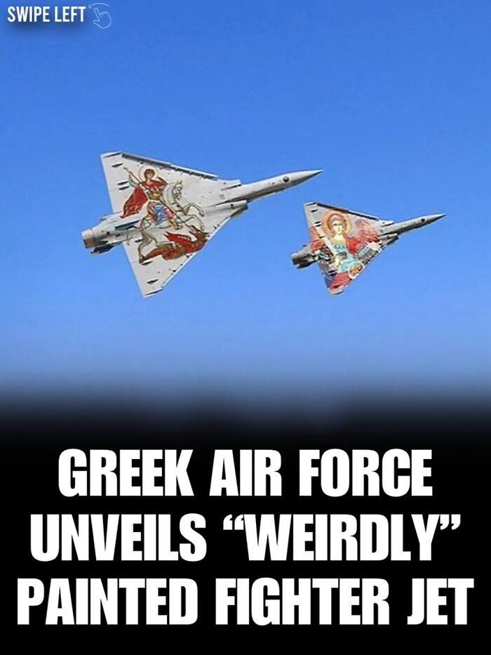 Fighter jets with unique painted designs flying in clear blue sky shared on IG page with daily facts and interesting stories.