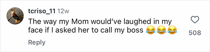 Screenshot of a social media comment about Gen-Z workers relying on their mom to handle work conflicts, with laughing emojis.