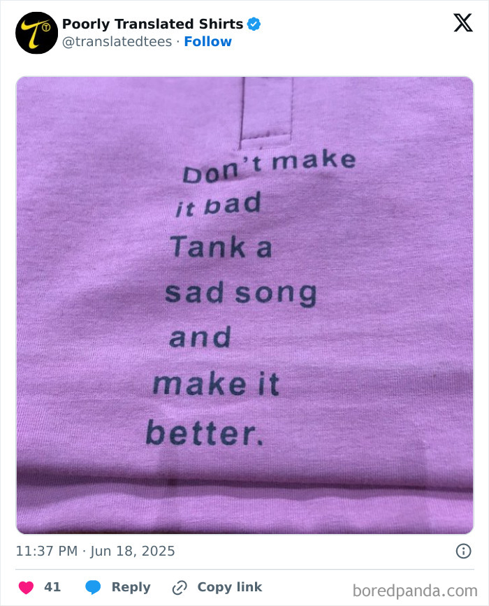 Purple T-shirt with funny English text featuring a poorly translated phrase in a vertical design, showcasing translation humor.