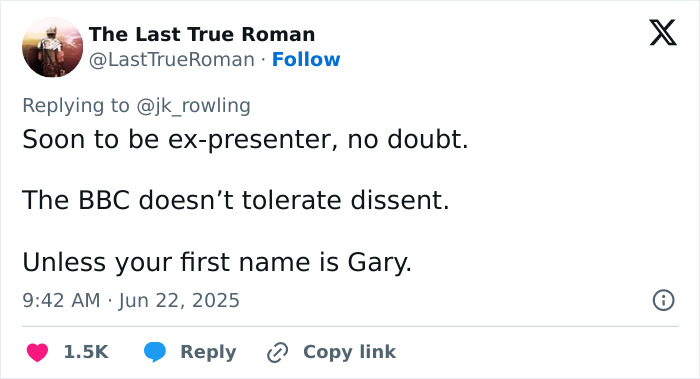Tweet on a social platform discussing a BBC anchor disciplined for showing disgust on-air related to trans people remarks. Tweet on a social platform discussing a BBC anchor disciplined for showing disgust on-air related to trans people remarks.