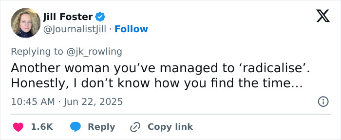Tweet by journalist Jill Foster replying to JK Rowling about radicalization, reflecting controversy around BBC anchor discipline for on-air remark. Tweet by journalist Jill Foster replying to JK Rowling about radicalization, reflecting controversy around BBC anchor discipline for on-air remark.