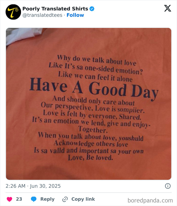 Funny English T-shirt with a confusing love message and multiple translation errors printed on an orange fabric.