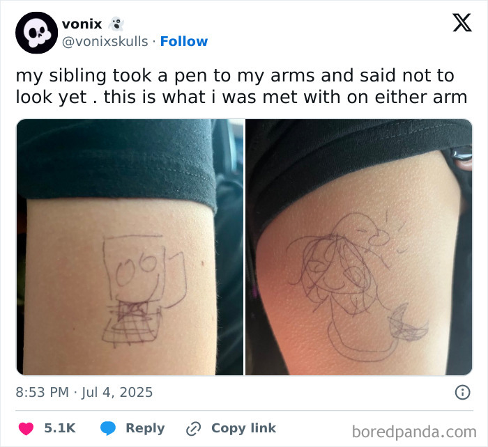 Close-up of arms with pen drawings by a sibling, showing grateful and playful sibling moments made my day.