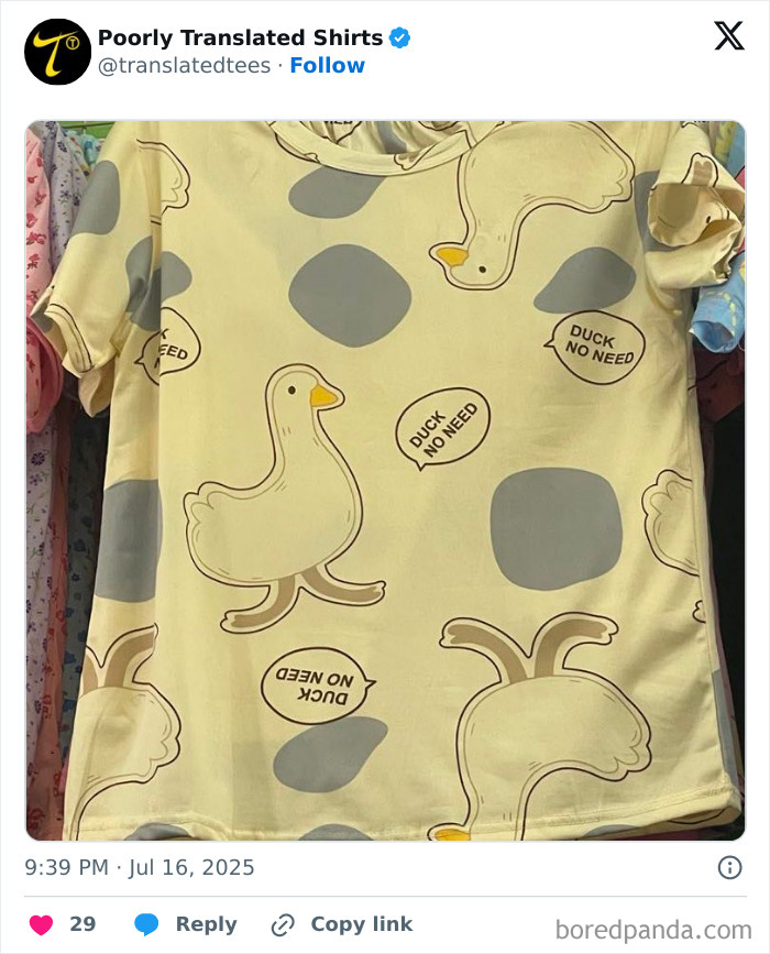 Yellow t-shirt with cartoon ducks and funny mistranslated phrases, showcasing ridiculous and funny English t-shirts worldwide.