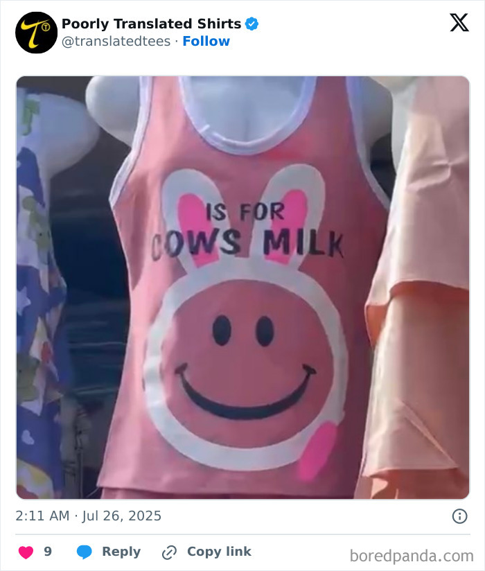 Pink sleeveless shirt with a funny English translation about cows milk and a smiling bunny face, funny English T-shirts worldwide.