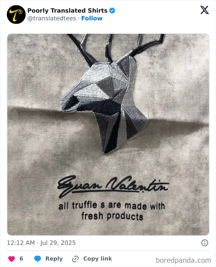 Embroidered geometric deer head on fabric with a funny poorly translated English phrase about truffles.