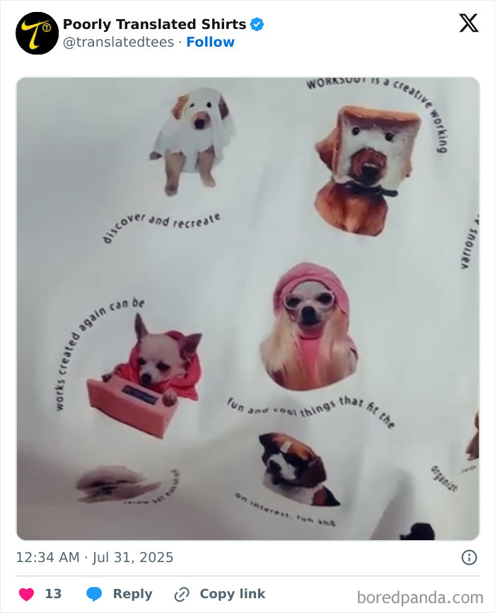 White t-shirt with funny poorly translated English phrases and images of dogs dressed in quirky outfits.