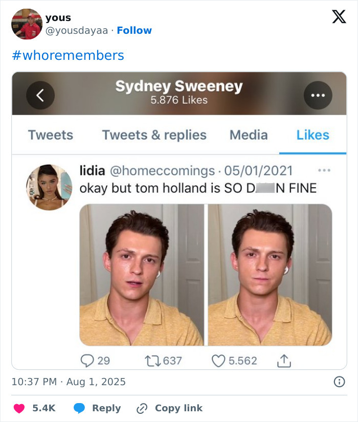 Screenshot of a Twitter post showing Sydney Sweeney’s likes with a tweet mentioning Tom Holland, related to Sydney Sweeney and Zendaya feud.