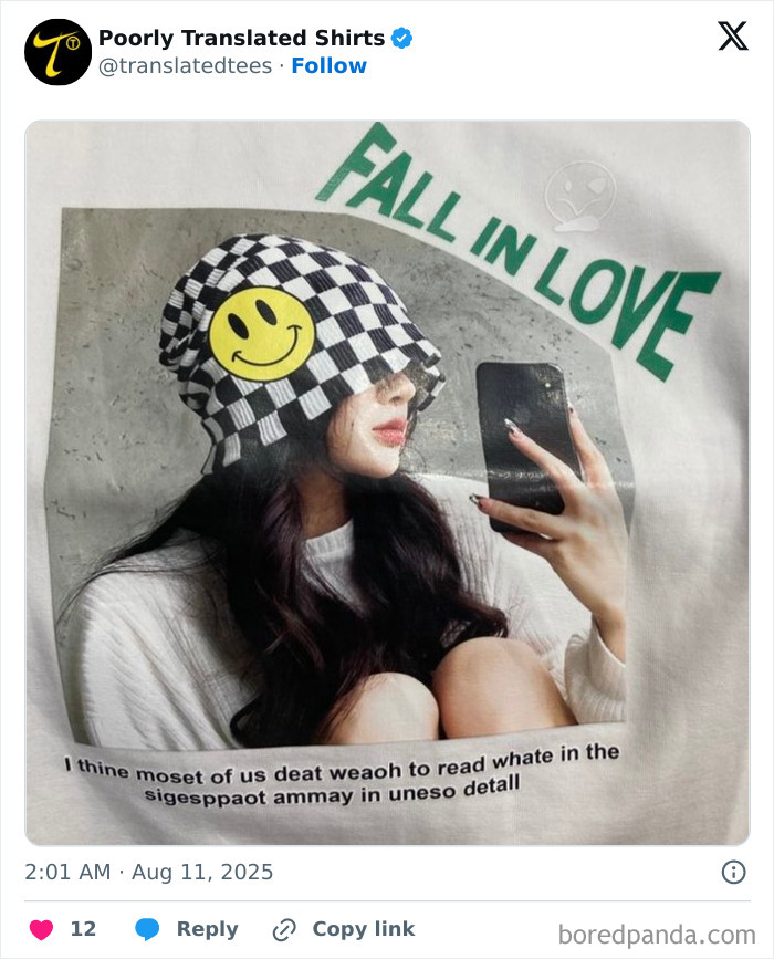 Woman wearing a funny English T-shirt with a checkered hat and misspelled text, showcasing ridiculous translation errors worldwide.