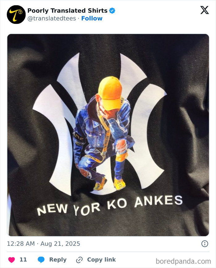 Black shirt with a distorted logo and funny English text reading NEW YOR KO ANKES, showcasing ridiculous English T-shirts worldwide.