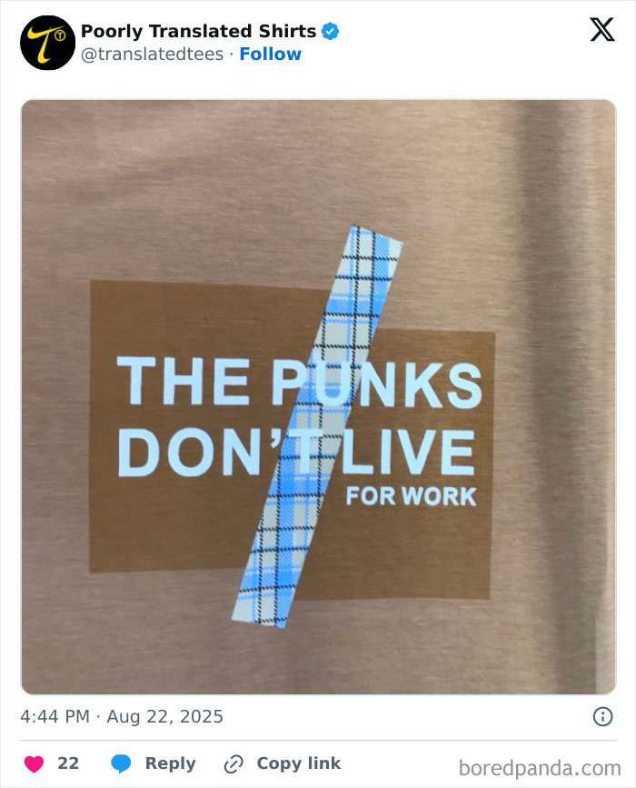 Beige T-shirt with a funny English phrase and patchwork design, illustrating lost in translation humorous t-shirts worldwide.