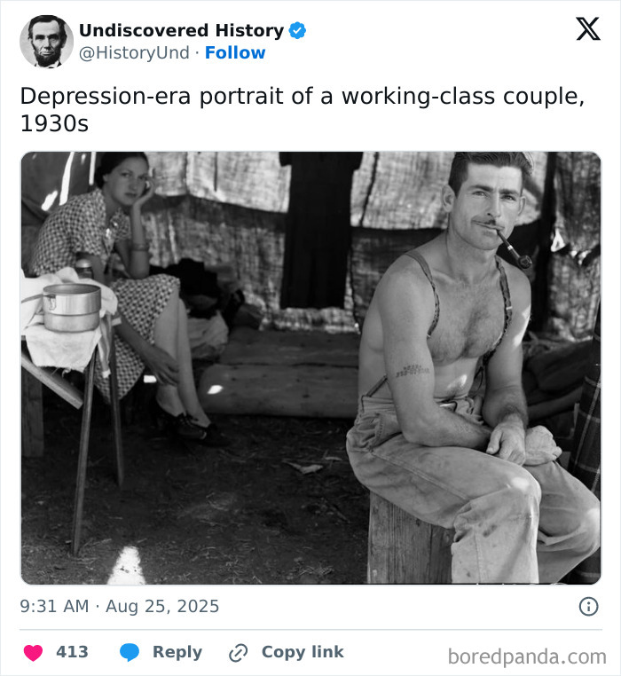 Depression-era photo of a working-class couple in the 1930s revealing moments lost to time in black and white.