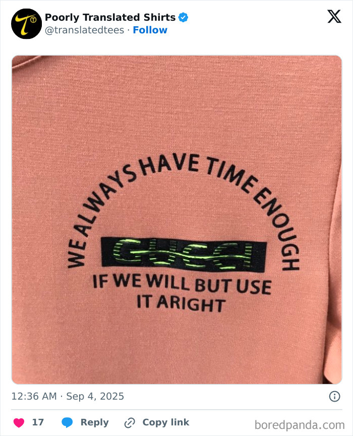 Funny English T-shirt with a poorly translated motivational quote featuring the brand name Gucci on pink fabric.