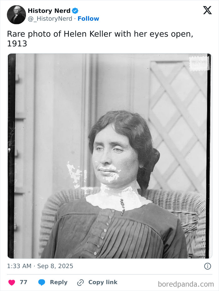 Rare historical photo of Helen Keller with her eyes open, showcasing powerful moments from history and exploring history through images.