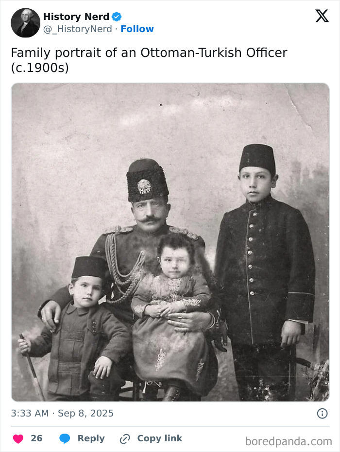 Family portrait of an Ottoman-Turkish officer with children in early 1900s, showcasing rare and powerful moments from history.