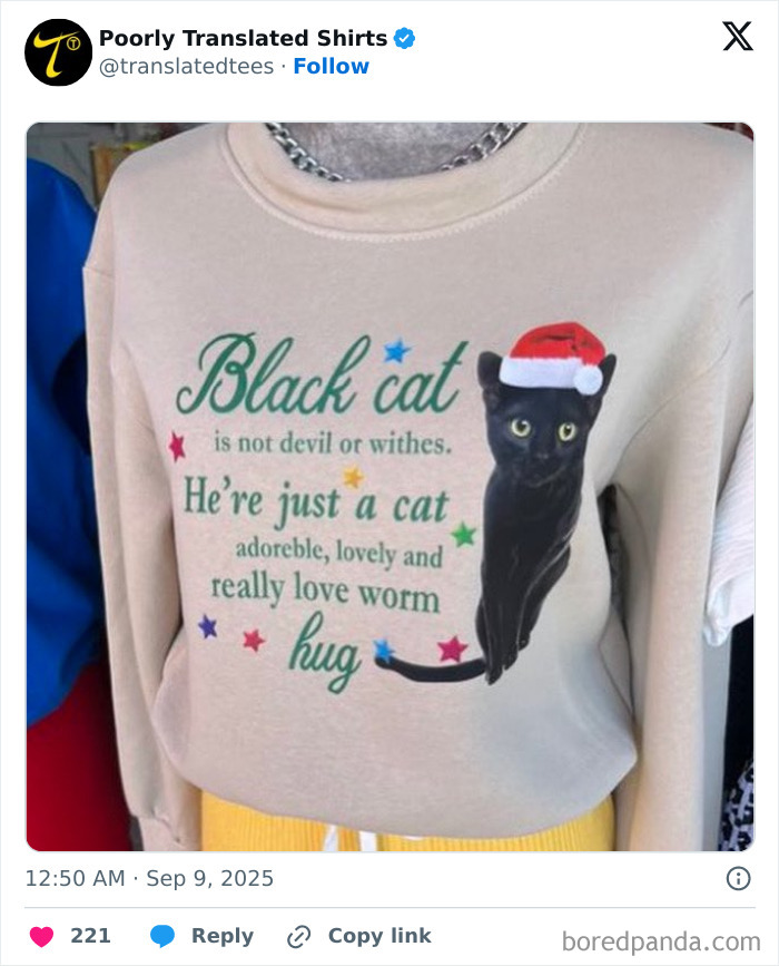 Funny English T-shirt with a black cat and humorous mistranslation about love and hugs on beige fabric.
