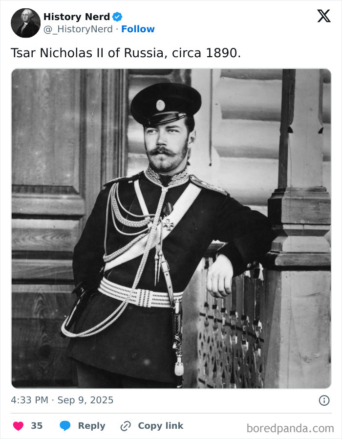 Black and white photo of Tsar Nicholas II of Russia in military uniform, a rare and powerful glimpse into history.
