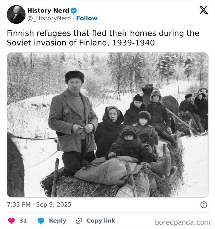 Finnish refugees in winter clothing resting on a hay sled during the Soviet invasion, showcasing rare powerful history moments.