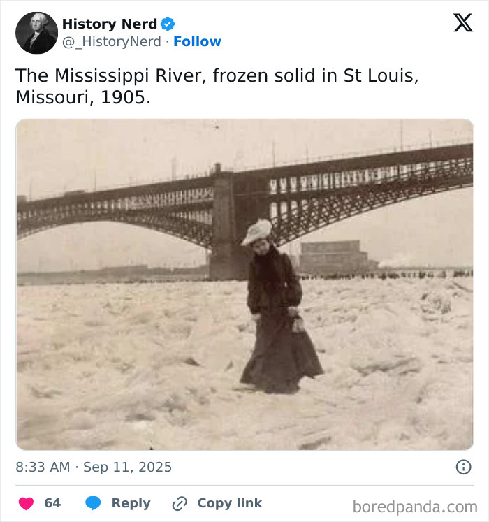 Woman walking on the frozen Mississippi River near a bridge in St Louis, Missouri, showcasing rare and powerful historical moments.