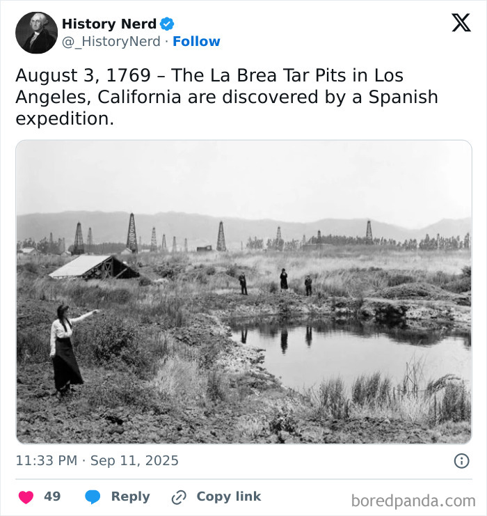 Rare and powerful history photo showing the discovery of the La Brea Tar Pits by a Spanish expedition in 1769.