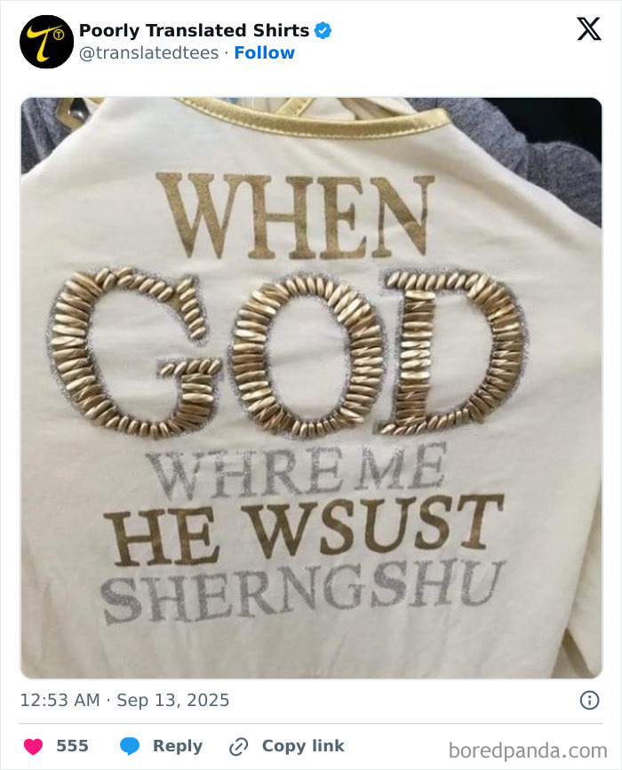 Funny English T-shirt with a poorly translated phrase made of rope and printed text, showcasing lost in translation humor.