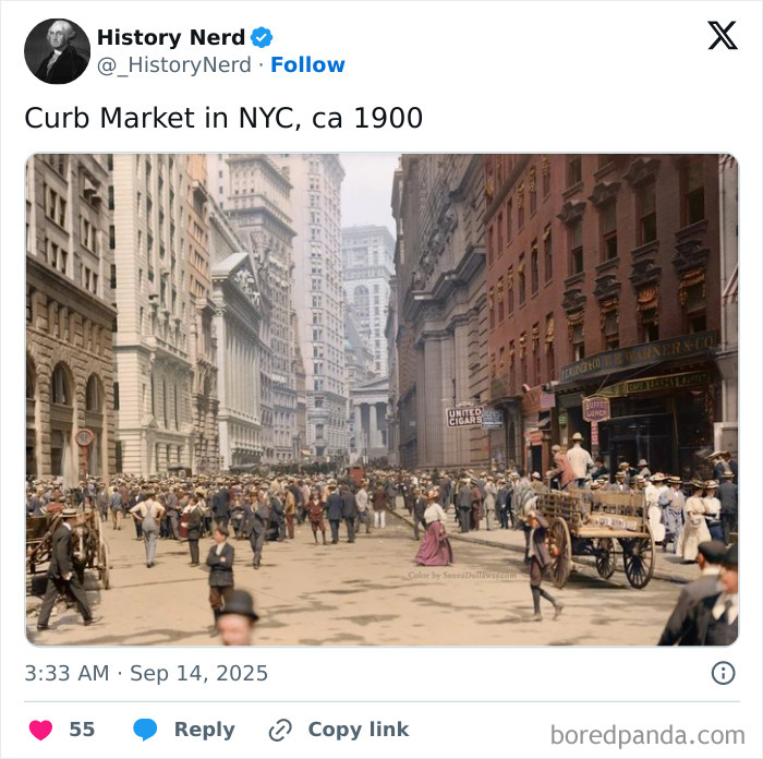 Crowded curb market in early 1900s New York City with people and horse-drawn carts, rare and powerful history photo.