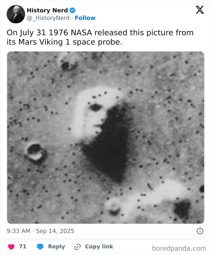 Black and white NASA photo from 1976 showing a face-like rock formation on Mars, exploring history through rare images.