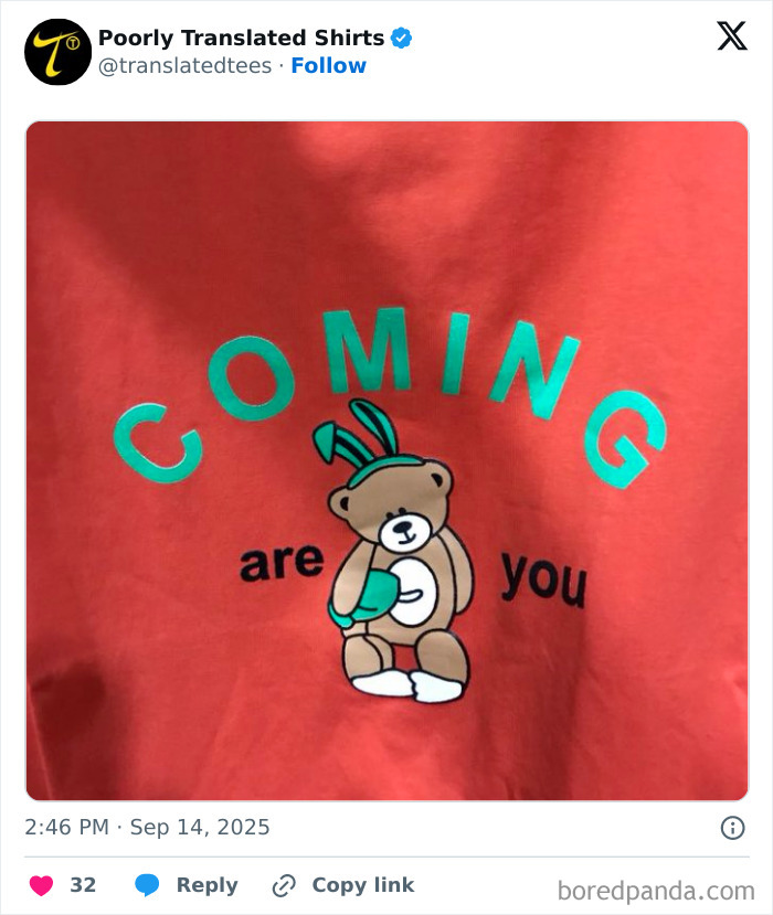 Red shirt with a funny English T-shirt design featuring a cartoon bear and the words coming are you, showcasing lost in translation humor.