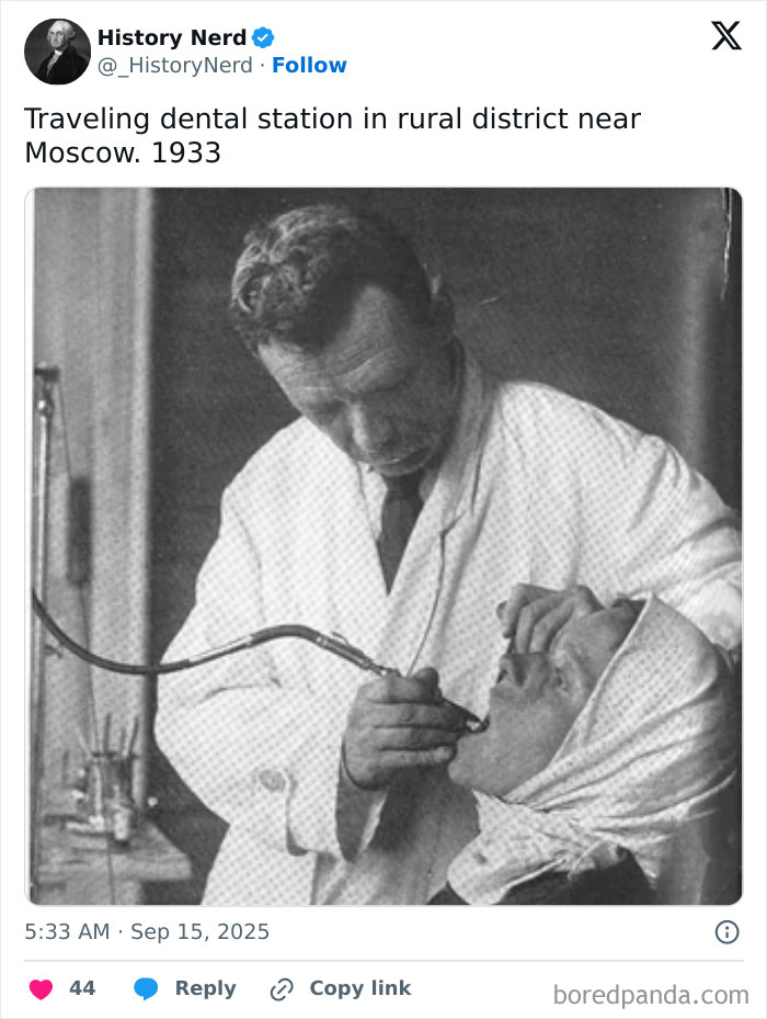 Black and white photo of a traveling dental station in a rural district near Moscow, showing history exploration in 1933.