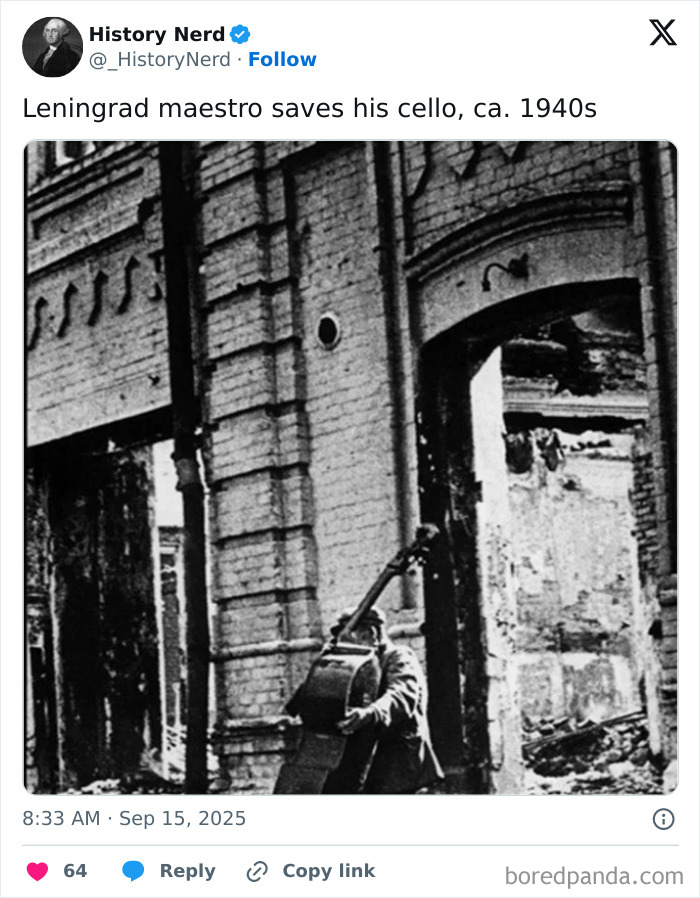 Black and white photo of a Leningrad maestro saving his cello amid destroyed buildings, rare and powerful history moment.