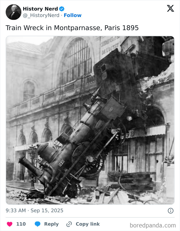 Historical black and white photo of a powerful train wreck at Montparnasse station, Paris in 1895 showcasing rare history moments.