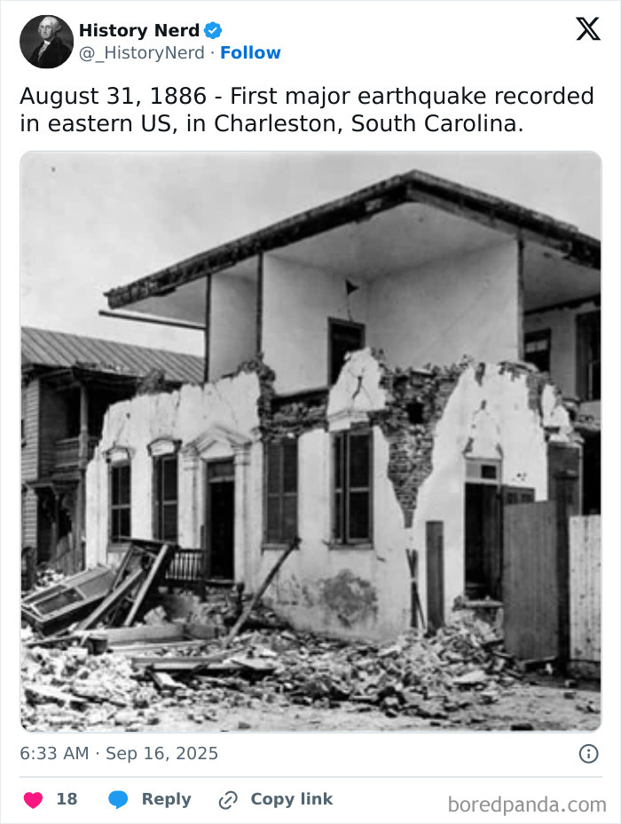 Black and white photo showing history of a damaged building after the first major earthquake in eastern US, 1886.