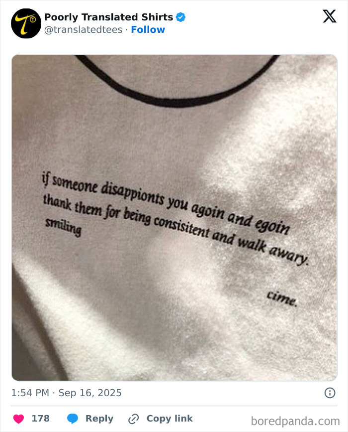 Funny English T-shirt with poorly translated motivational quote, part of a collection of ridiculous global translation fails.