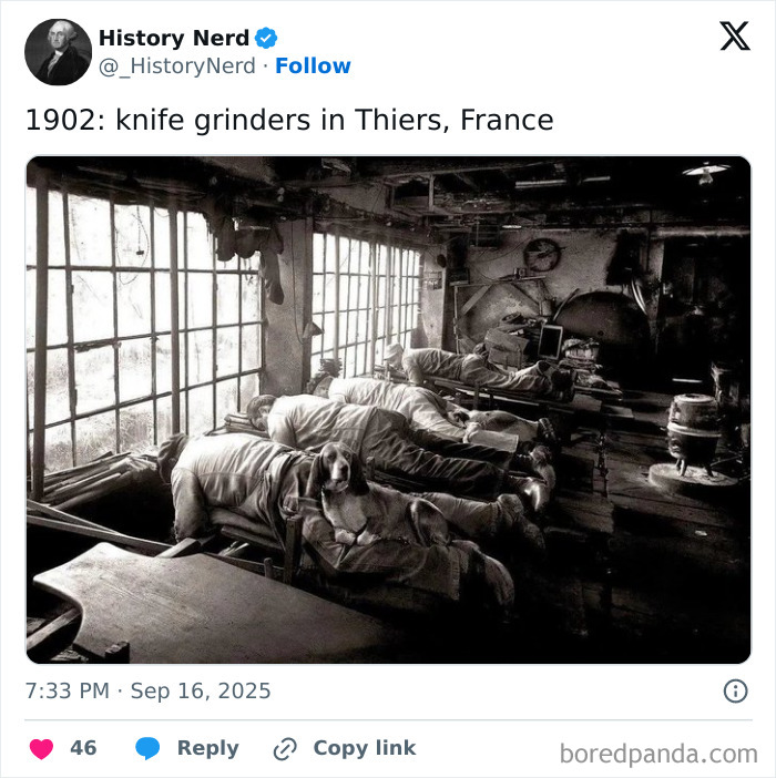 Rare and powerful historical photo showing knife grinders working in a workshop in 1902, highlighting history exploration.