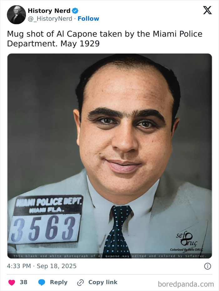 Colorized rare and powerful historic photo showing Al Capone's mug shot from May 1929, exploring history through iconic images.