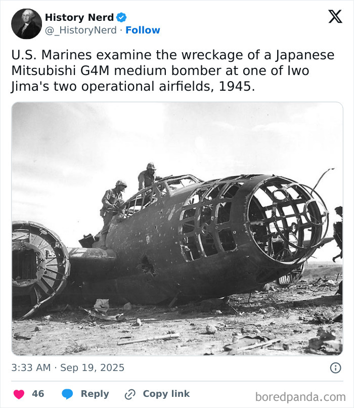 U.S. Marines examining wreckage of a Japanese Mitsubishi G4M bomber in 1945, a rare and powerful history photo.