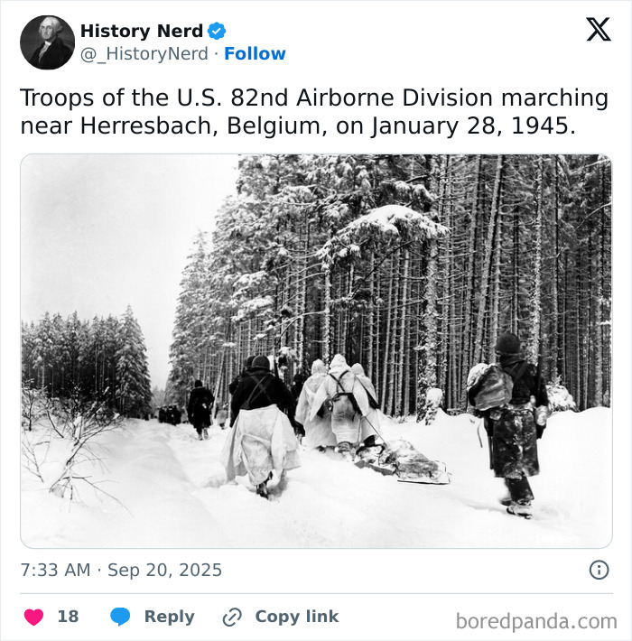 Rare and powerful historical photo of U.S. 82nd Airborne troops marching through snowy forest in World War II.