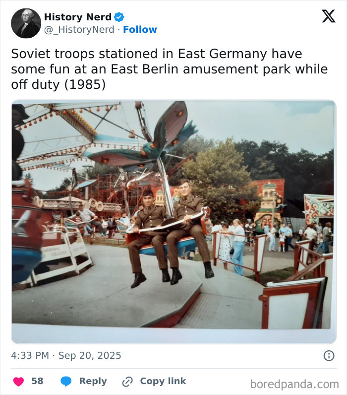 Soviet troops enjoying a rare moment at an East Berlin amusement park in a powerful history photo from 1985.