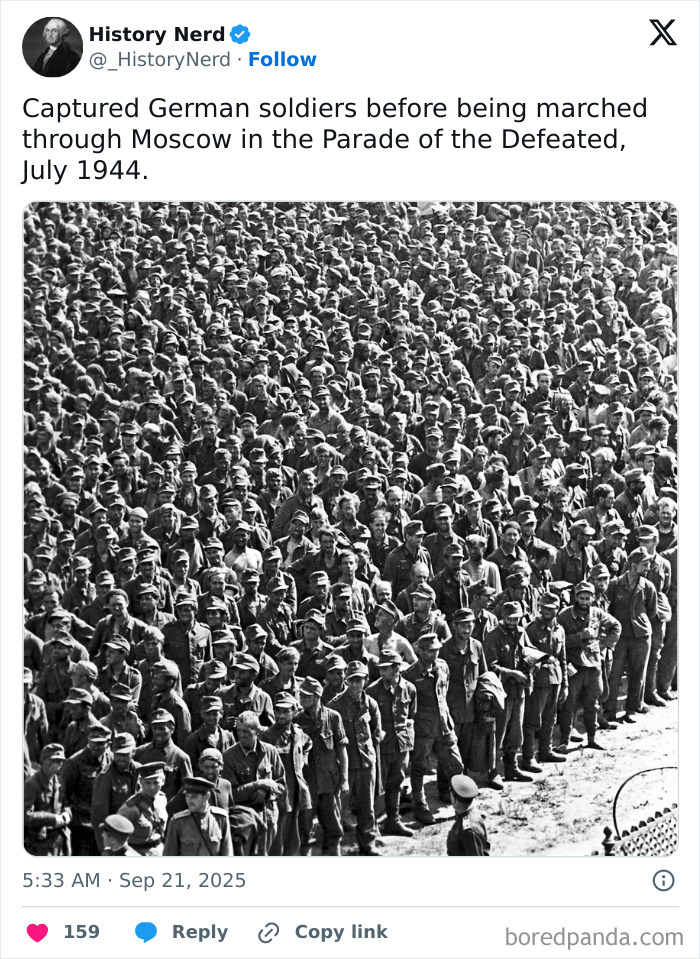Captured German soldiers lined up before the Parade of the Defeated in Moscow, a rare and powerful history moment.