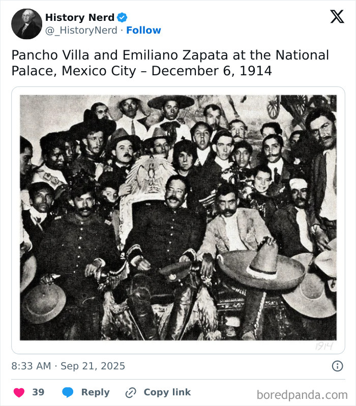 Black and white rare historic photo showing a group of men including Pancho Villa and Emiliano Zapata in 1914.