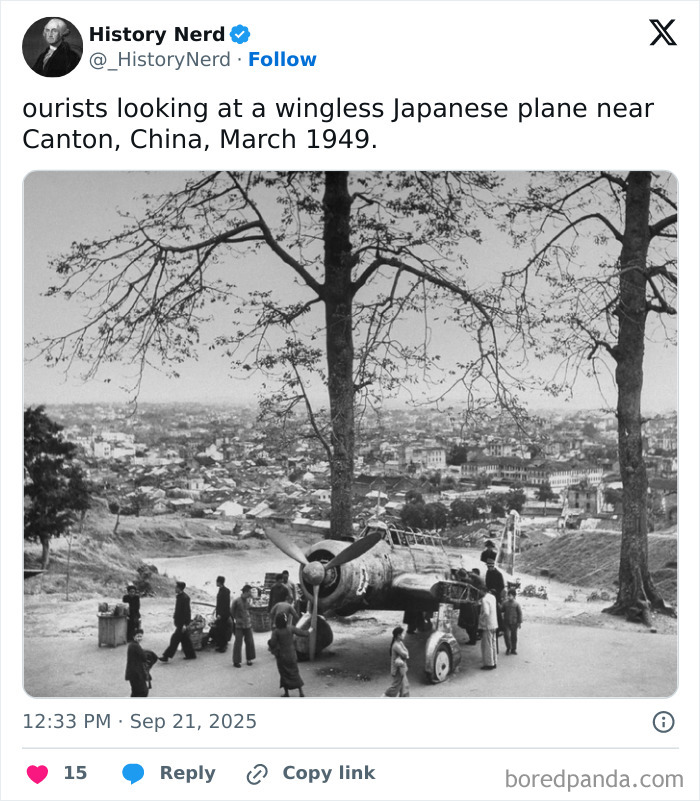 Tourists examining a wingless Japanese plane near Canton, China, in a rare and powerful historic photo from 1949.