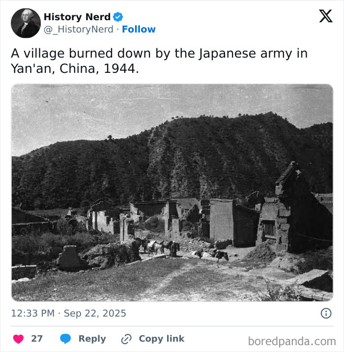 Ruined village in Yan'an, China burned down by Japanese army in 1944, a rare and powerful photo exploring history.