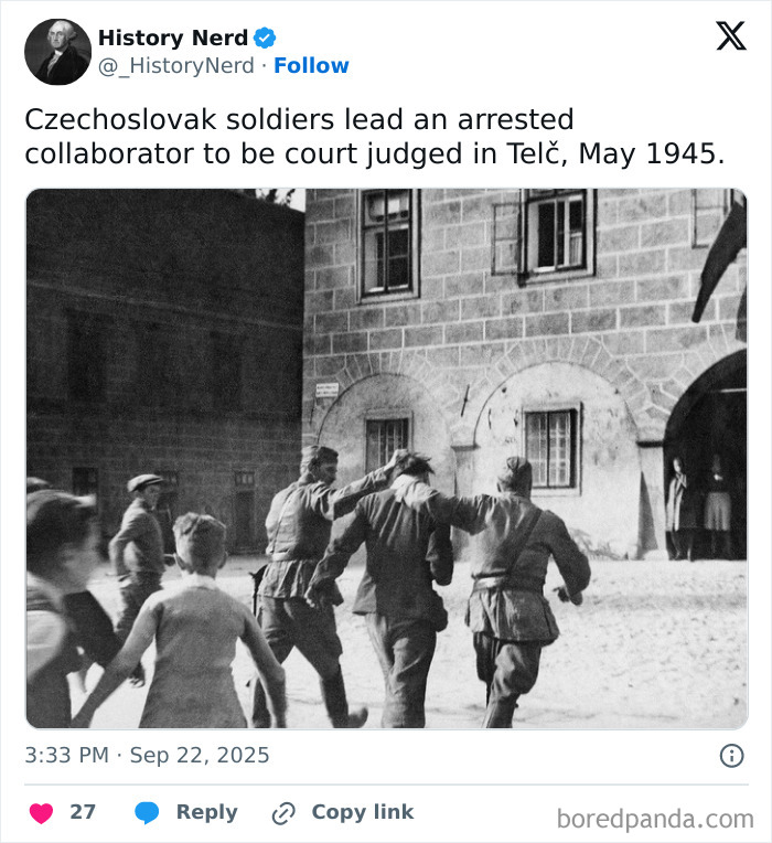 Czechoslovak soldiers escort a captured collaborator to court in Telč, showcasing rare and powerful historical moments from the past.