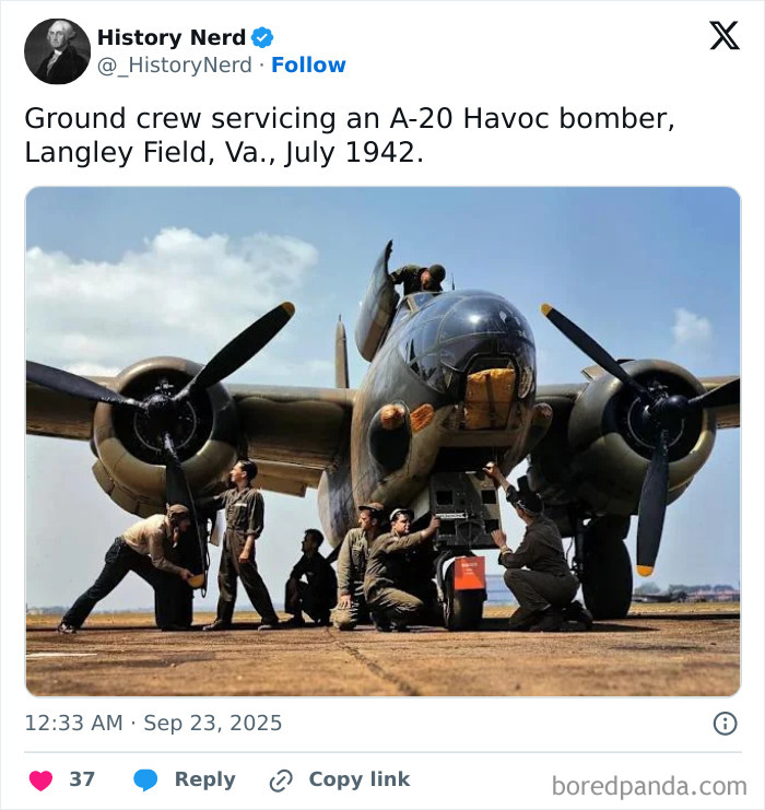 Ground crew servicing an A-20 Havoc bomber on Langley Field runway, a rare and powerful photo from history.