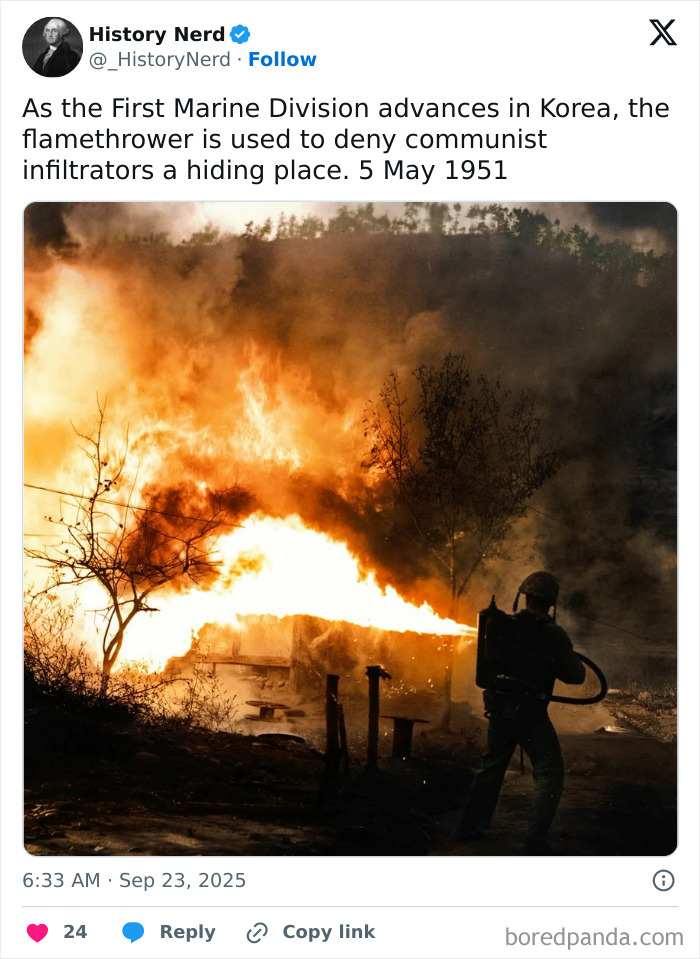 Soldier using a flamethrower during the Korean War, a rare and powerful photo capturing history in action.