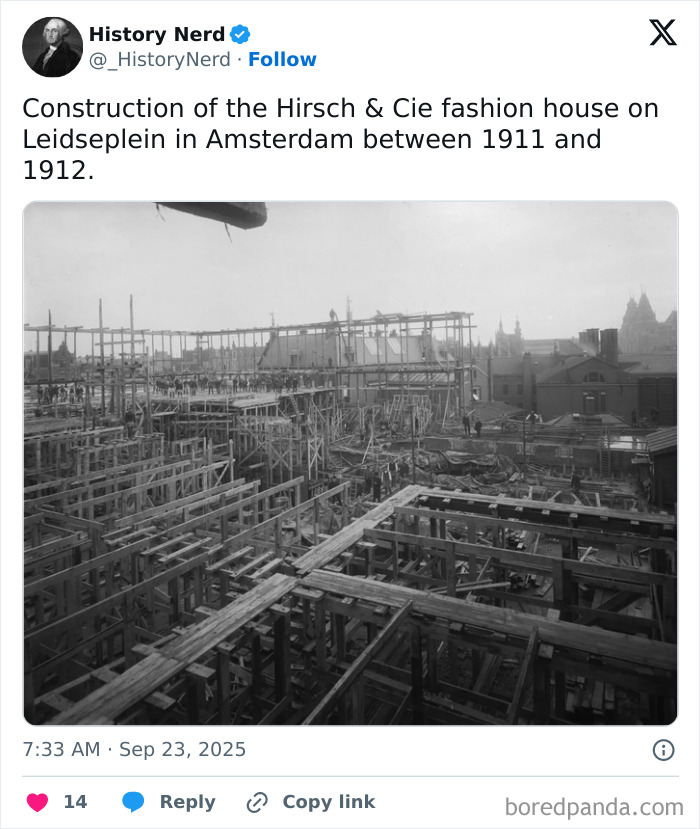 Construction site of Hirsch & Cie fashion house in Amsterdam between 1911 and 1912, showcasing rare history from the past.