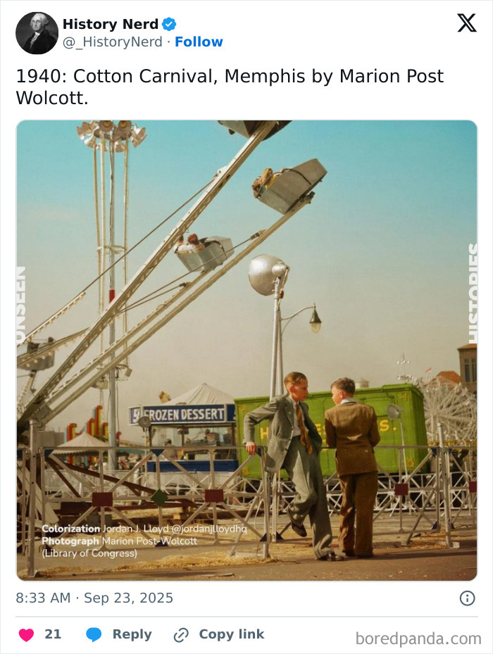 Two boys in vintage suits at 1940 Cotton Carnival amusement ride, exploring history through rare and powerful photos from past.